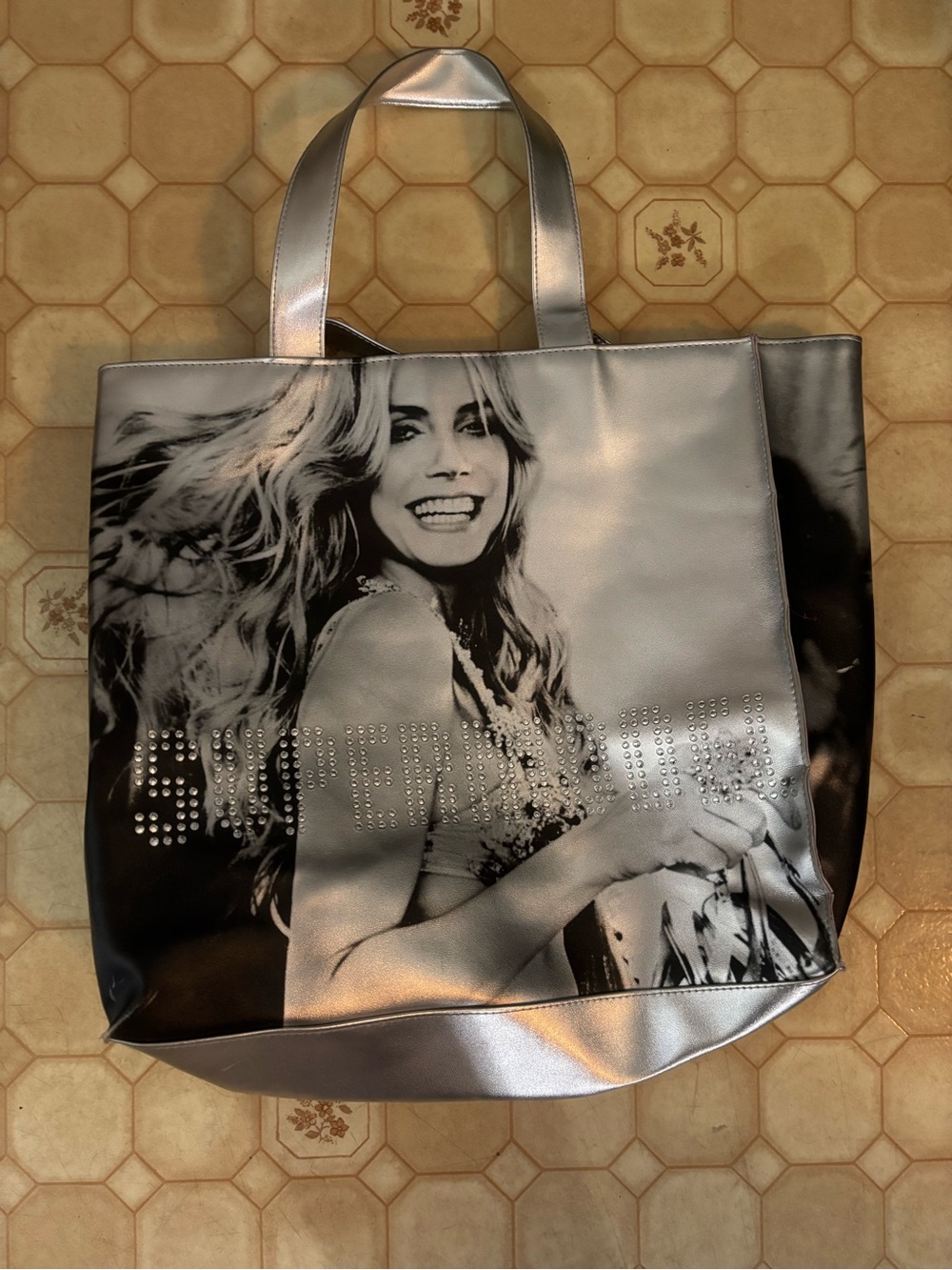 Silver Graphic Tote Bag with Stud Detail